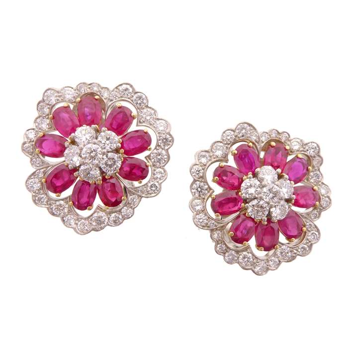 Pair of ruby and diamond flower earrings